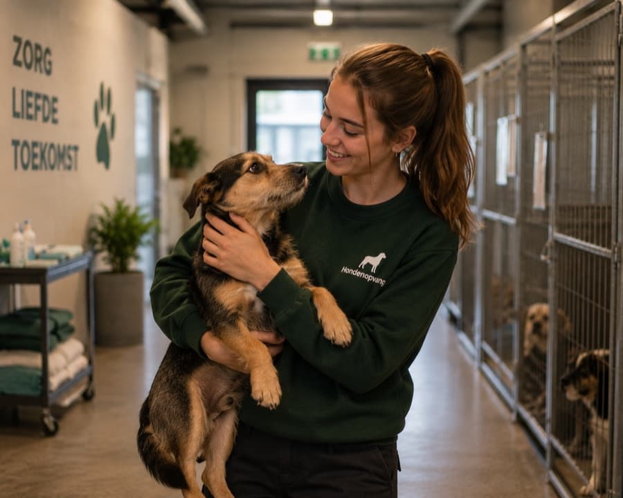 Een medewerker knuffelt een hond in een hondenopvang